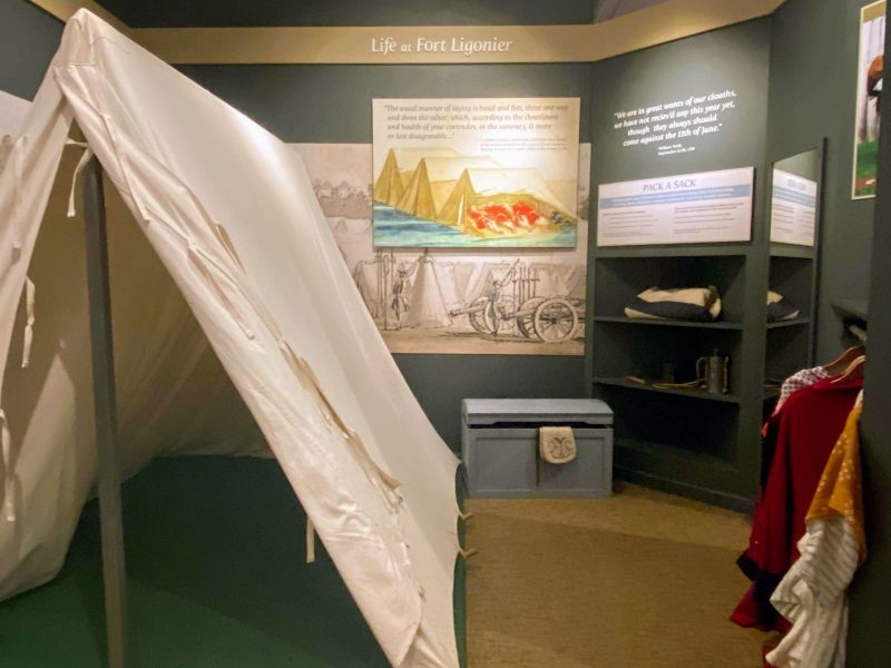 Tent and dress up clothes depicting life at Fort Ligonier -- hands on exhibit is in the museum