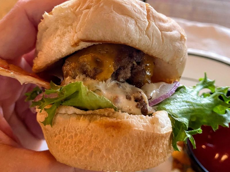 Burger slider with cheese, onion and lettuce from Voodoo Brewing, an Erie, PA restaurant