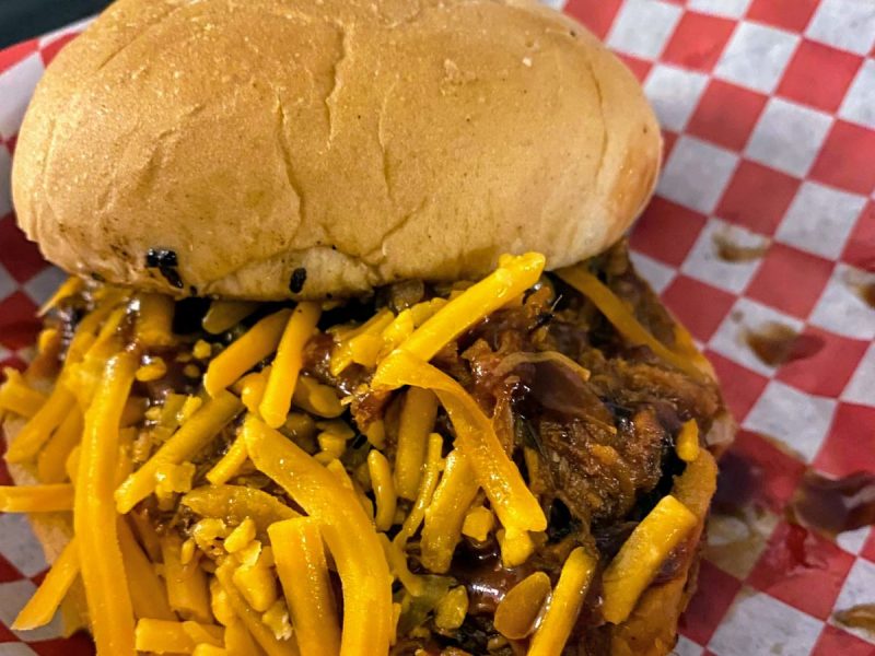 Pulled pork sandwich with cheddar from Olivers restaurant in Erie, PA