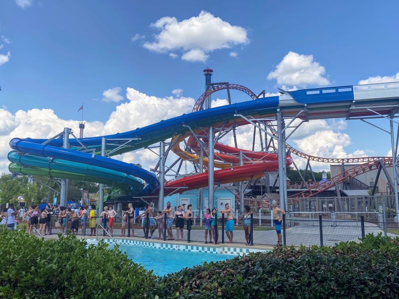 Waterslide at Carolina Harbor with people standing in line in the foreground