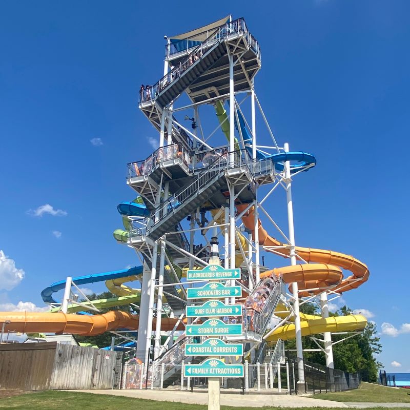 Waterslide with directional signs in foreground