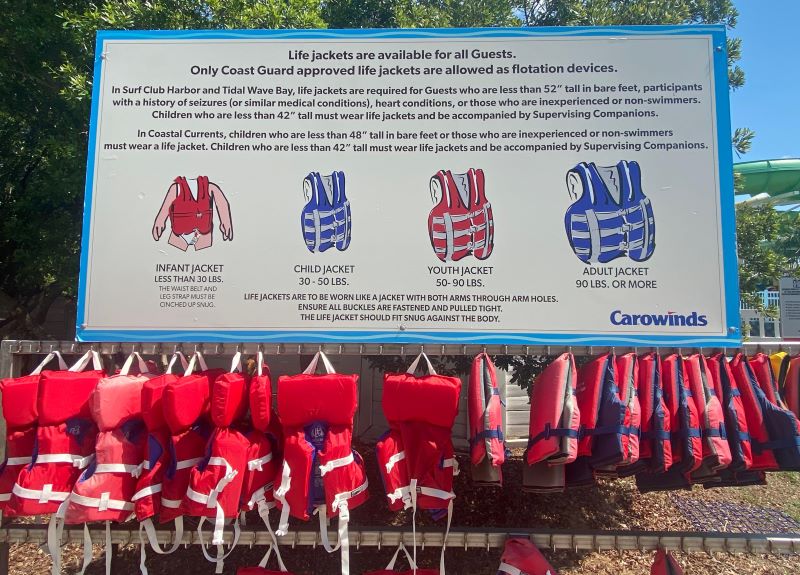 Board with life jackets at Carowinds, available for free to all guests.