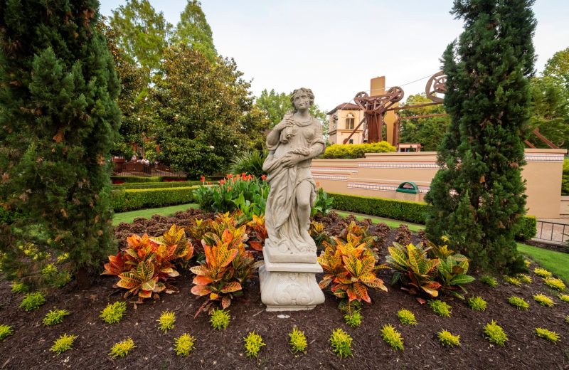 Italian looking statue in a formal garden at Busch Gardens Williamsburg.