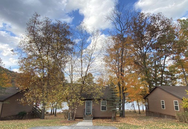 Beachfront cabins under fall trees at Lake Raystown Resort