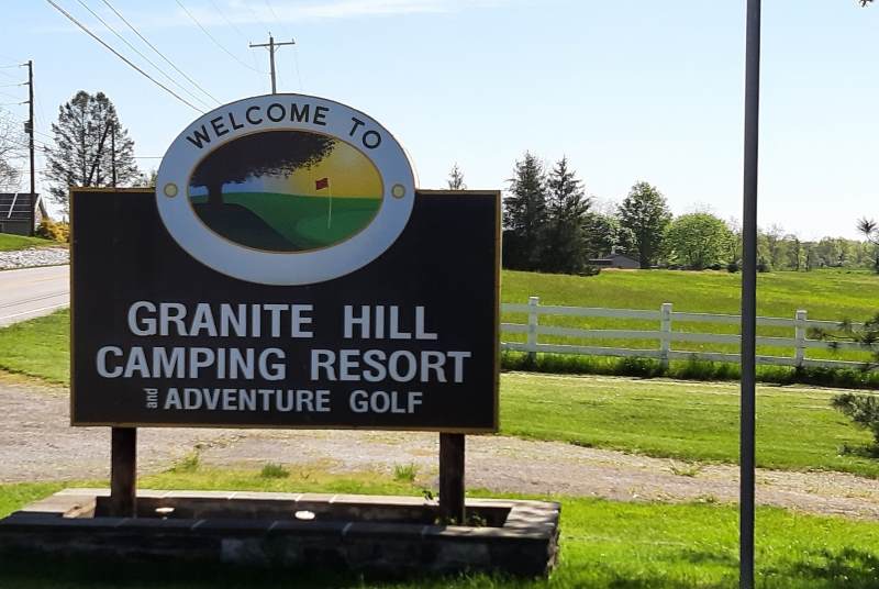Granite Hill is a family friendly camping resort and putt putt golf center. Welcome sign shown.