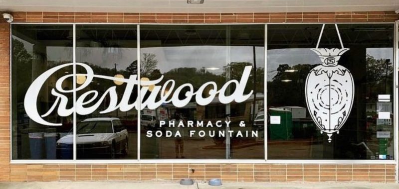 Storefront of Crestwood Pharmacy and Soda Fountain in Avondale, Birmingham, AL