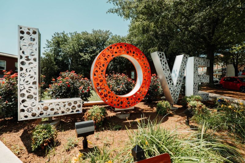 LOVE sign in Culpeper, VA. Each letter is made with movie reels, a nod to the library of congress storage facility nearby