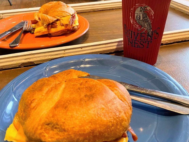 breakfast sandwich and coffee from Raven's Nest restaurant in Culpeper, Virginia