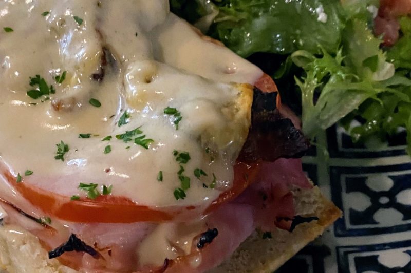 Culpeper VA restaurants serve upscale European fare at It's About Thyme. This is the ham and cheese open face sandwich with side salad.