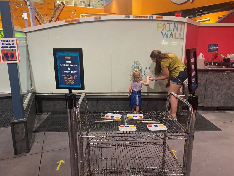 Young girl paints in the creativity area at the CMA with some help from her mom.