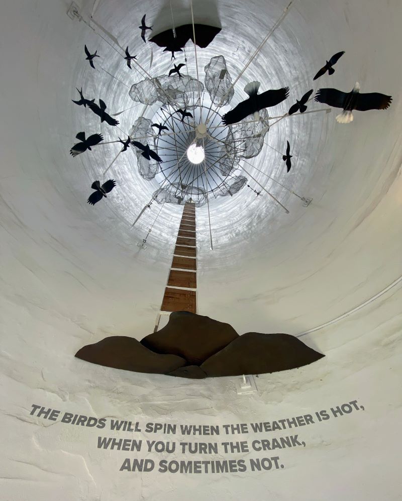A mobile display of native birds hanging inside the silo at the MSV