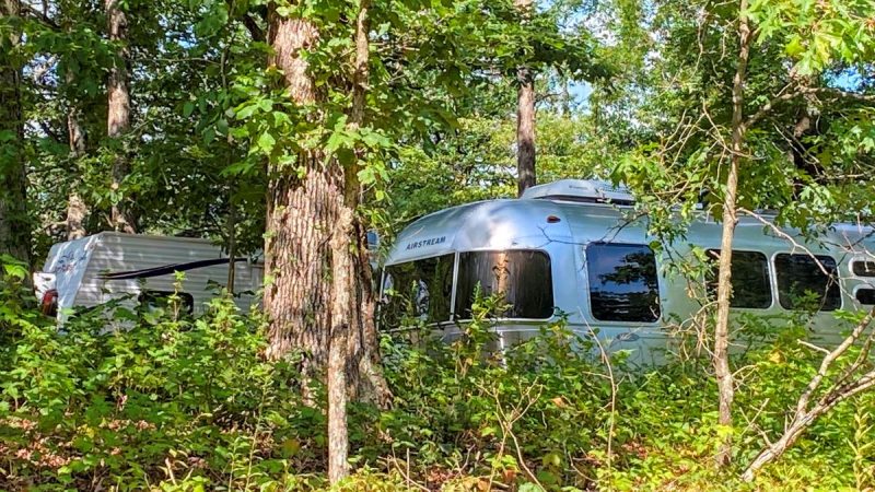 Airstream and another camper tucked among the trees camping in the Virginia mountains