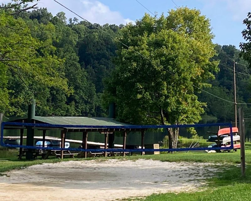 Boat rentals and volleyball net lakeside at the Cove in Gore, VA