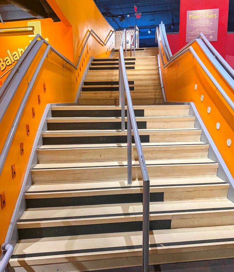 Piano stairs at the Children's Museum of Atlanta make sounds as you go up and down the stairs.