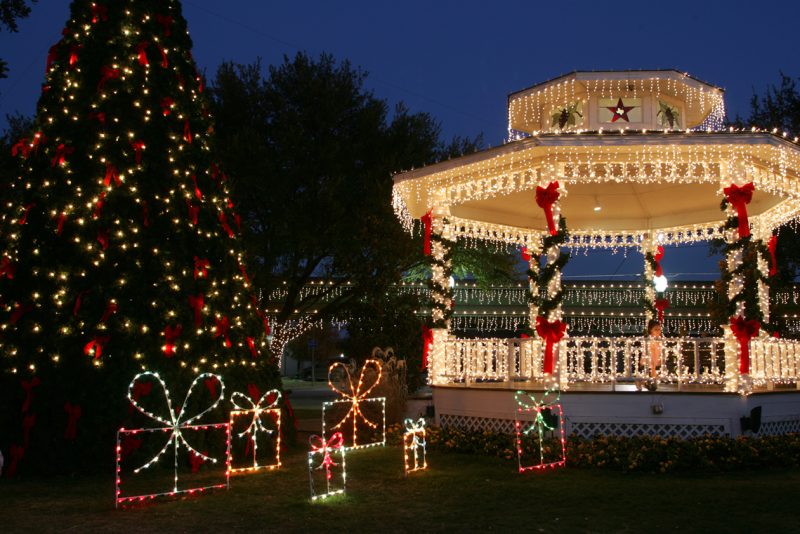 Gazebo, Christmas tree and decor  ready to celebrate a Grapevine Texas Christmas