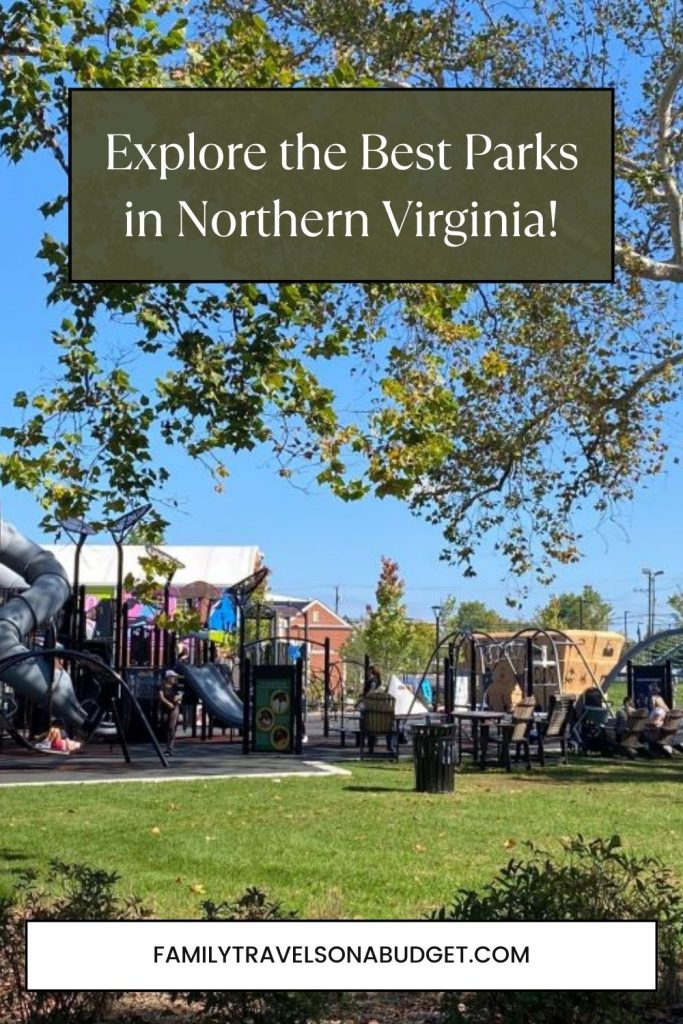 Pinterest image to share the best parks in Northern Virginia with a photo of the Douglass School playground