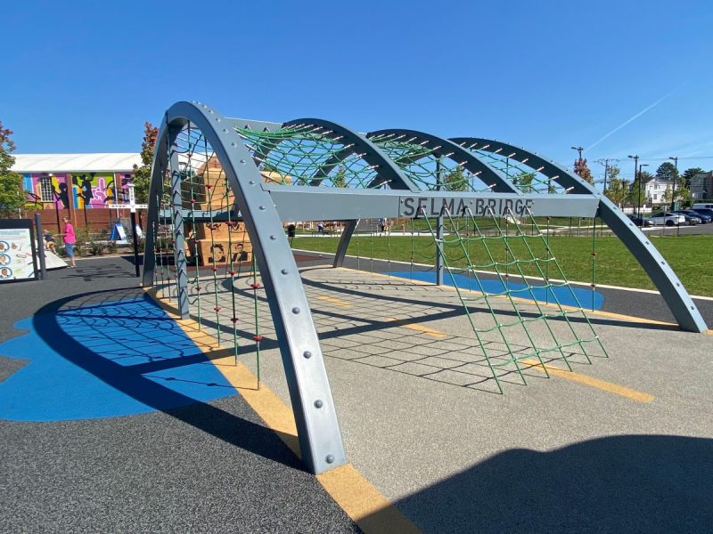 Climbing net at Douglass Park in Loudoun County, VA that is shaped like the Selma Bridge which is iconic to Civil Rights history