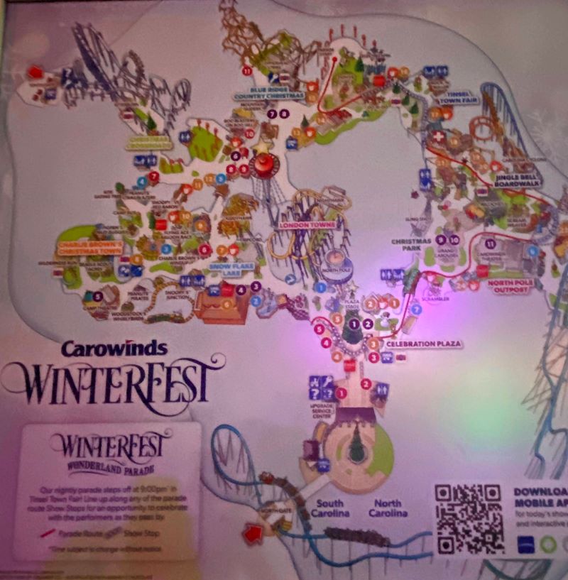 Map of Carowinds WinterFest rides, attractions, activities and parade route