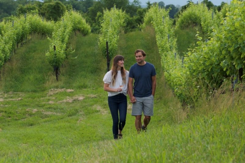 Nate and Sarah Walsh owners of Walsh Family Winery in one of their vineyards