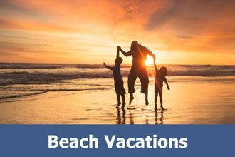 Title "Beach Vacations" shows family on a beach at sunset