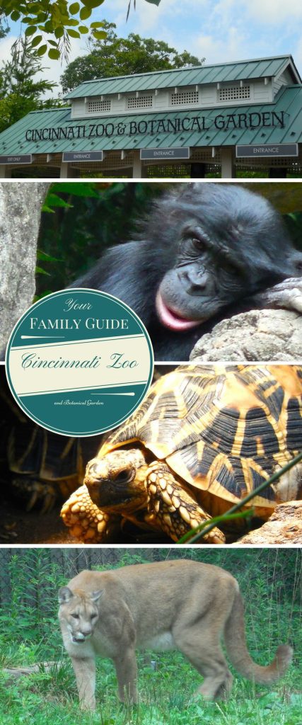 Collage of images at the Cincinnati Zoo, including the Botanical Garden building,  and some of the animals with the words, "Your Family Guide to the Cincinnati Zoo."