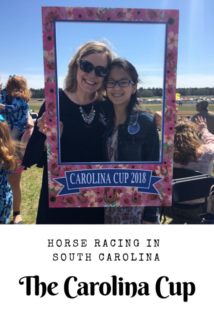Mother and daughter in "Carolina Cup 2018" frame with title "Horse Racing in South Carolina: The Carolina Cup."
