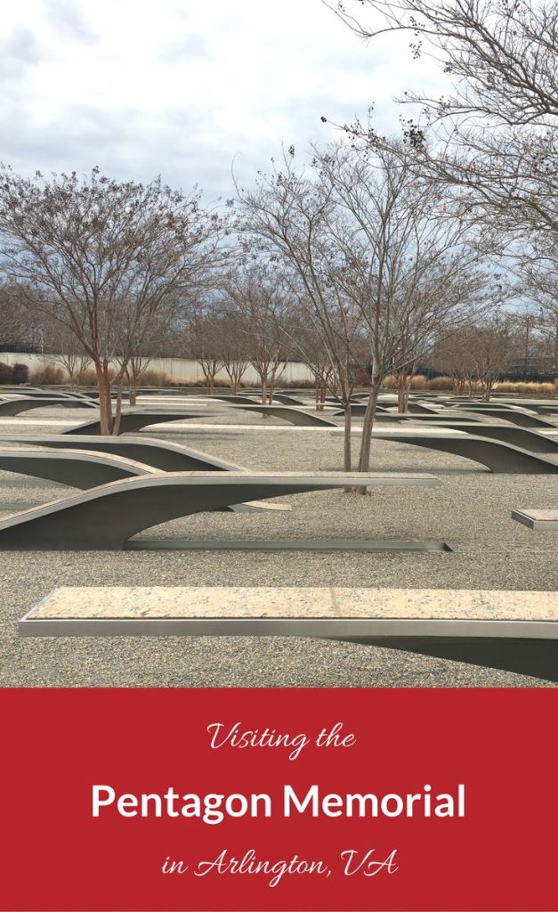 The Pentagon Memorial in winter, with bare trees between the memorial benches and title "Visiting the Pentagon Memorial in Arlington, VA" on a red background.