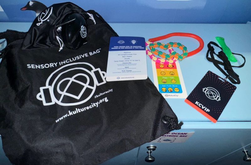 Sensory bag on Carnival elation with headphones, helpful tips cards, fidget toys and a VIP badge to help crew identify kids with needs.