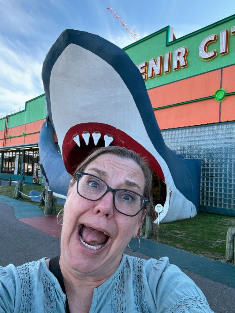 Silly selfie in front of the shark entrance at Souvenir City in Gulf Shores Alabama.