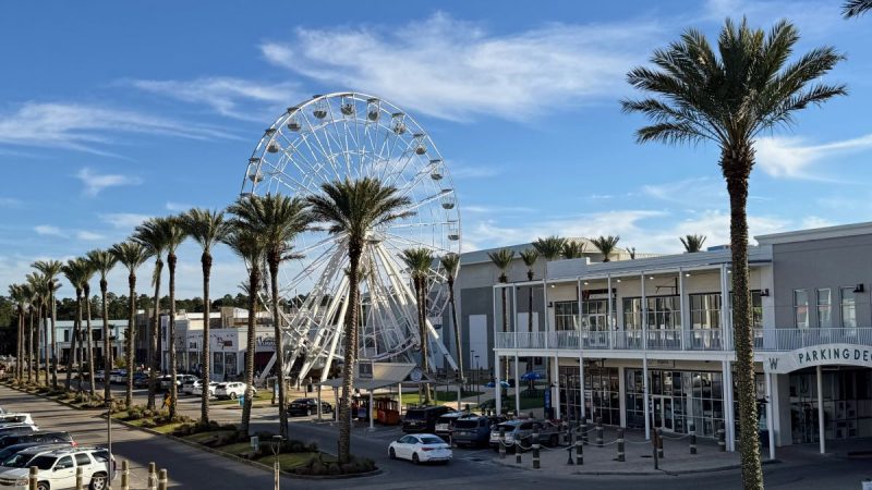 The Wharf ferris wheel and parking deck with onstreet parking and palm trees.