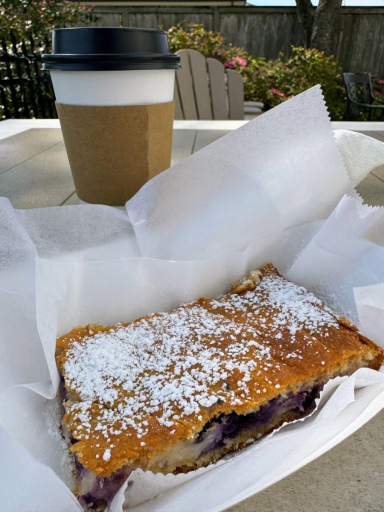 Blueberry danish pie and coffee in the garden at Happy Pappy's.