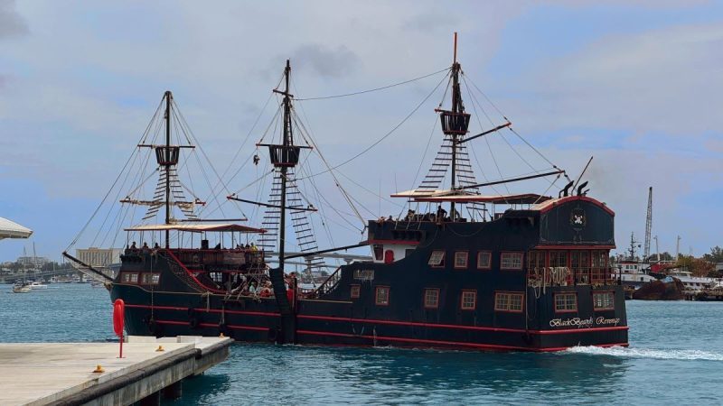 Blackbeard's Revenge pulling out of Nassau cruise port toward Paradise Island.