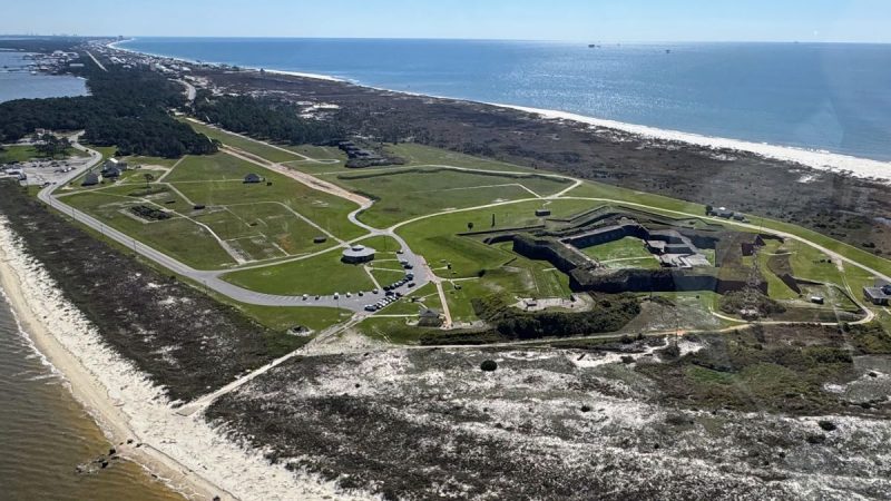 Aerial view of Fort Morgan including the battery, the museum and the beach.