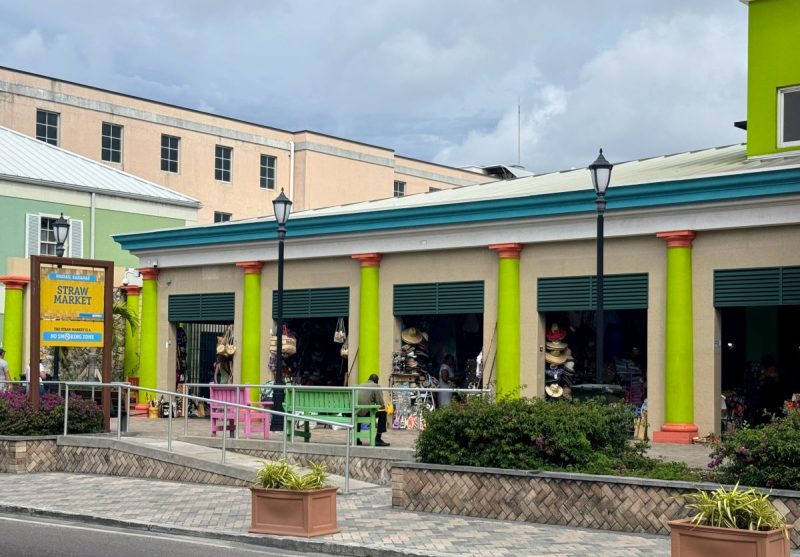 Outer shops at the Straw Market in Nassau with handicap ramp out front.