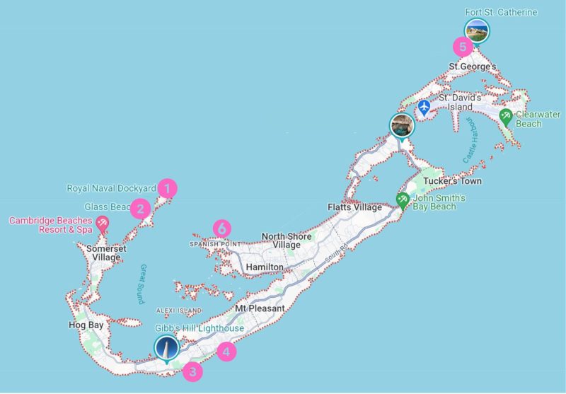 Map of the best beaches in Bermuda for cruise travelers.