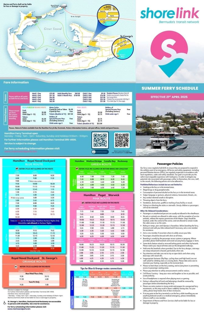 Chart of the Bermuda ferry system routes and schedule for 2025.