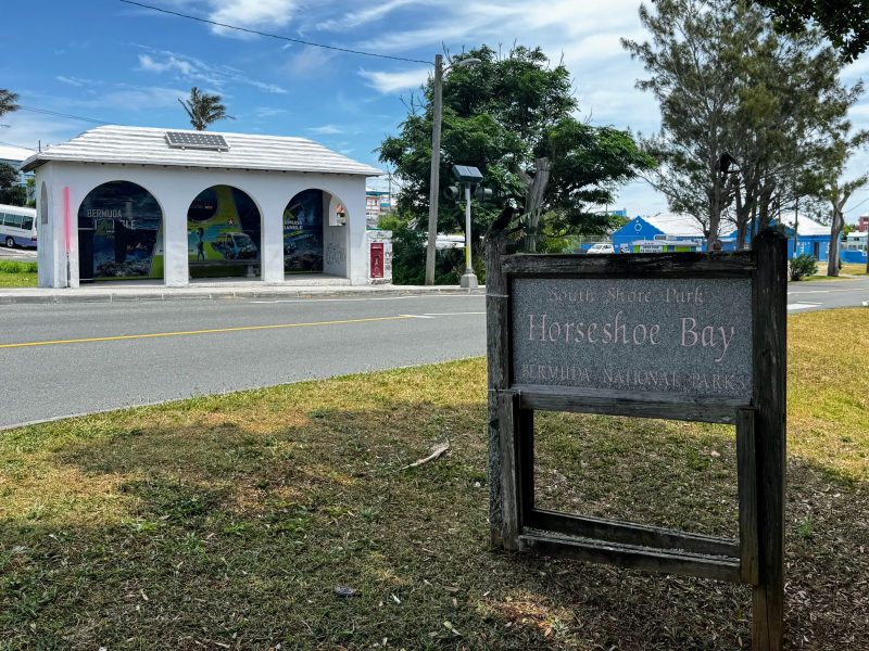 Entrance to Horseshoe Bay and bus stop across the street.