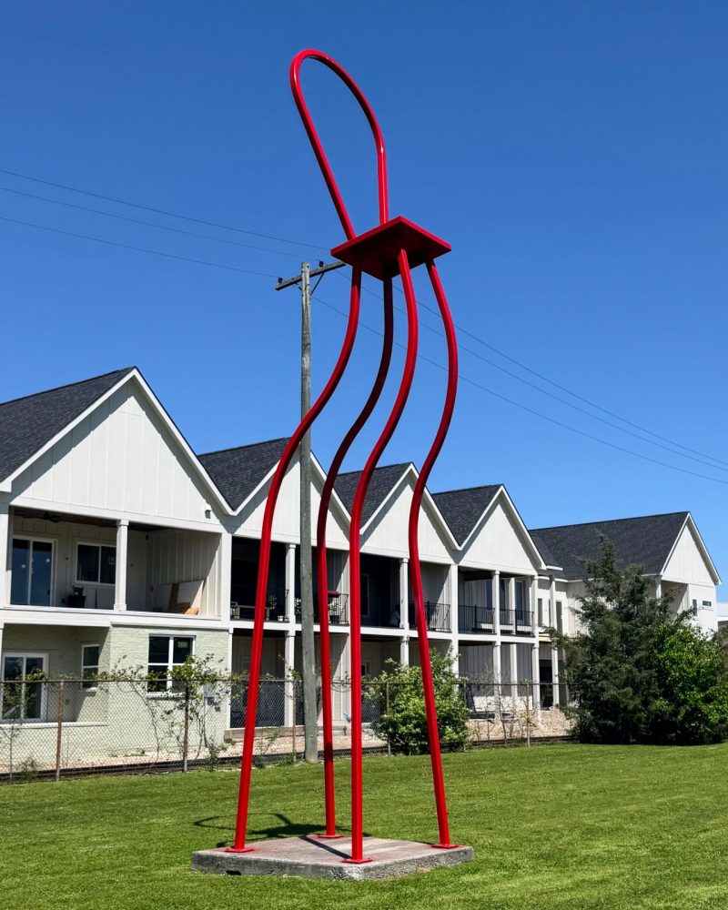 Red Alert by Gary Kulak at Montague Park, painted steel, 27' x 5' x 5'.