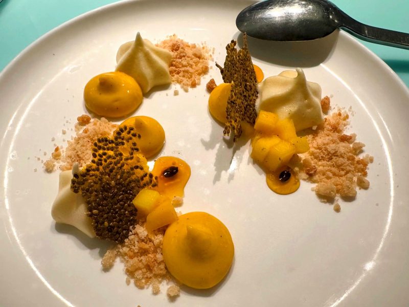 Vegan mango with chia chip and white chocolate wasabi cream.