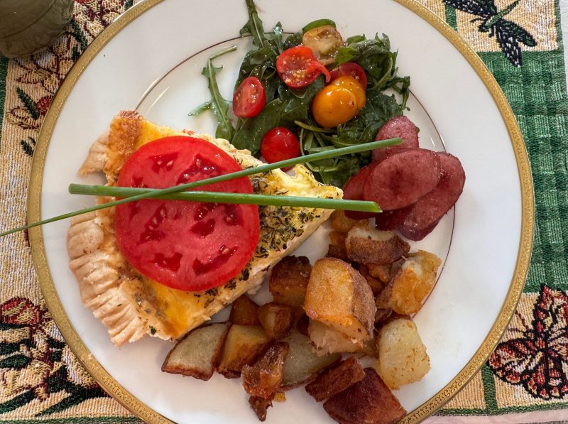 Breakfast at Battlefield B and B, quicke, sausage, potatoes and salad.