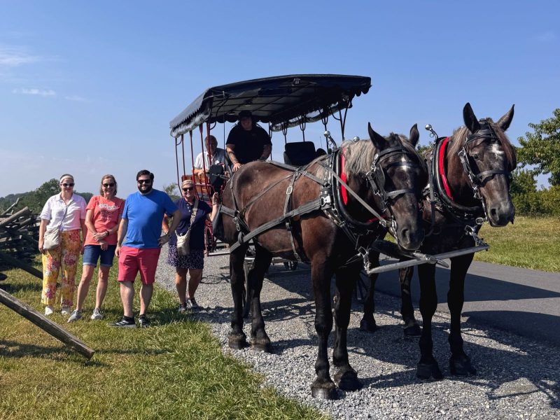 Horses and carriage with people on tour at Gettysburg Battlefield.