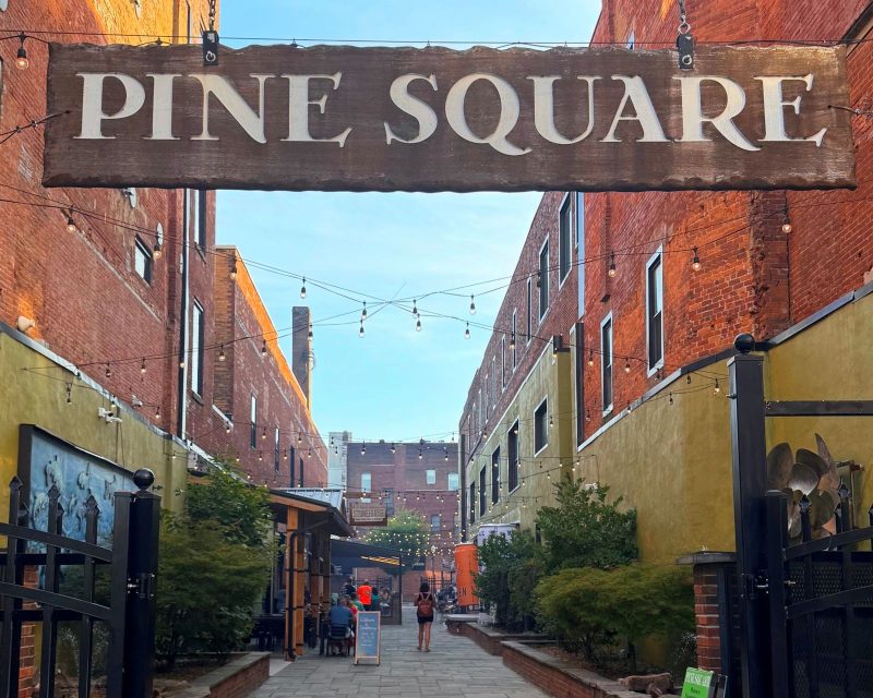 Pine Square in Williamsport, home to local restaurants, edison lights and outdoor dining.