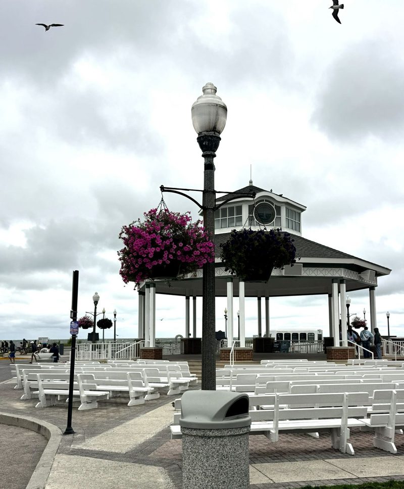 Pavilion at the end of Rehoboth Avenue shopping district with seagulls flying overhead.