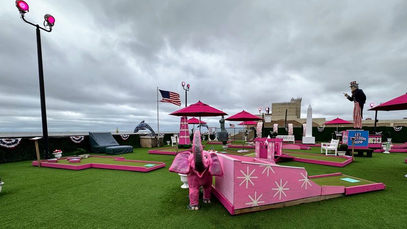 Even a cloudy day is fun at Zelky's Rooftop Mini Golf, where pink rules.